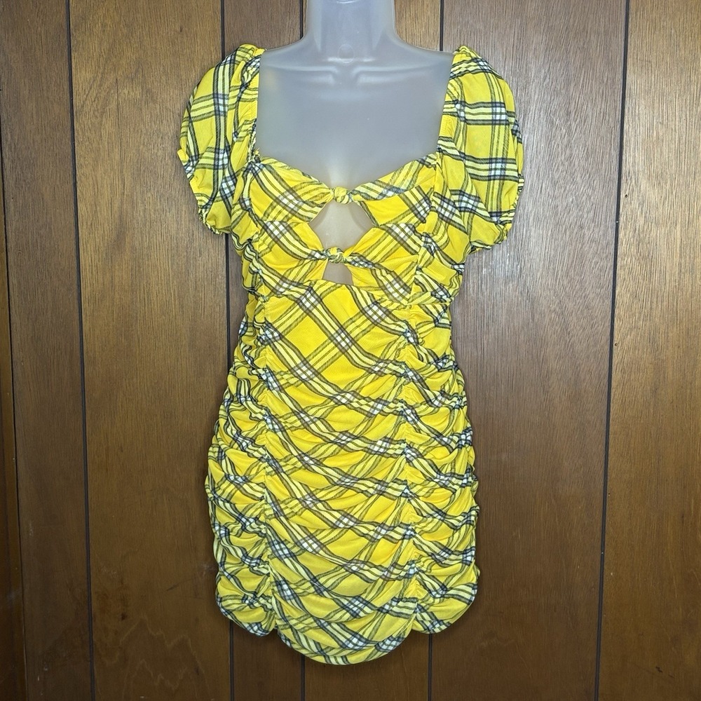 Madden NYC Dress Women L Yellow Plaid Ruched Fairy Y2K‎ Coquette Bodycon Cottage